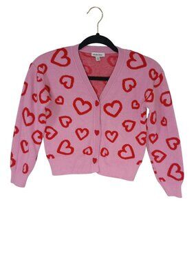 Pink & Red Heart Print Knit Cardigan Heart Buttons By Nik & Leksi Size L (10/12)
